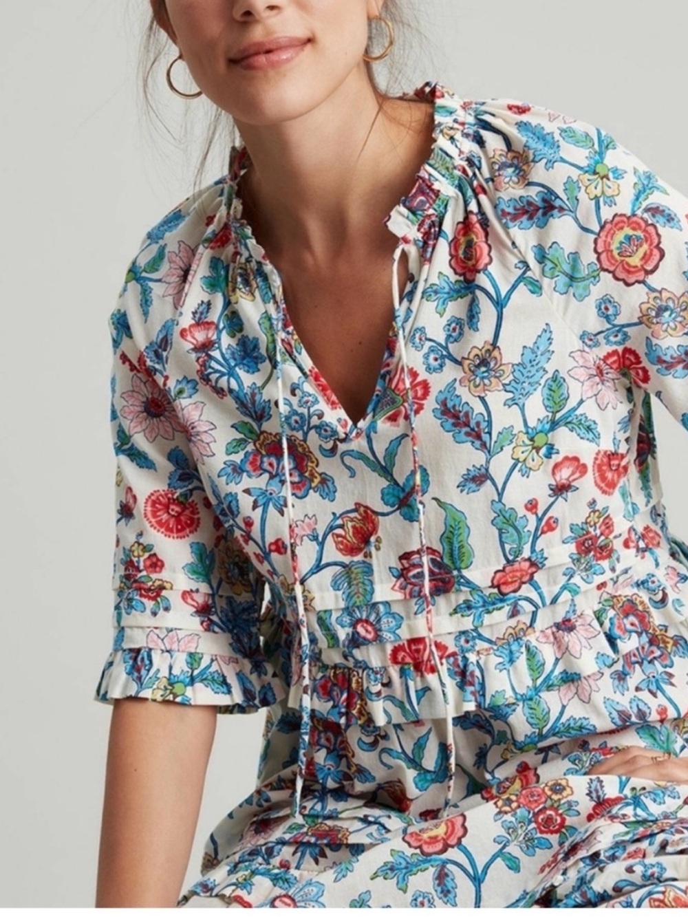Joules Lia tiered frill maxi dress in a cream floral pattern